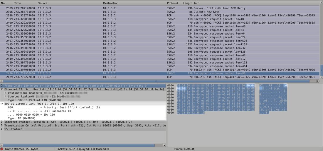 Wireshark ekranında etiketli bir frame: paket ayrıntı bölmesinde 802.1Q alanları vurgulu, TPID değeri 8100 ve VLAN kimliği 100 okunuyor. Metinde bayt bayt sayılan dört baytlık etiketin gerçek bir yakalamadaki karşılığı.
