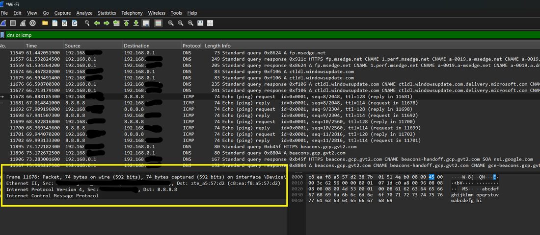 Bir yakalama aracının interface'inde ICMP paketlerinin listesi: her satır tek bir paket, sütunlarda zaman damgası, kaynak, hedef ve protokol. traceroute ile ping’in ürettiği mesajlar kayıtta böyle görünüyor.